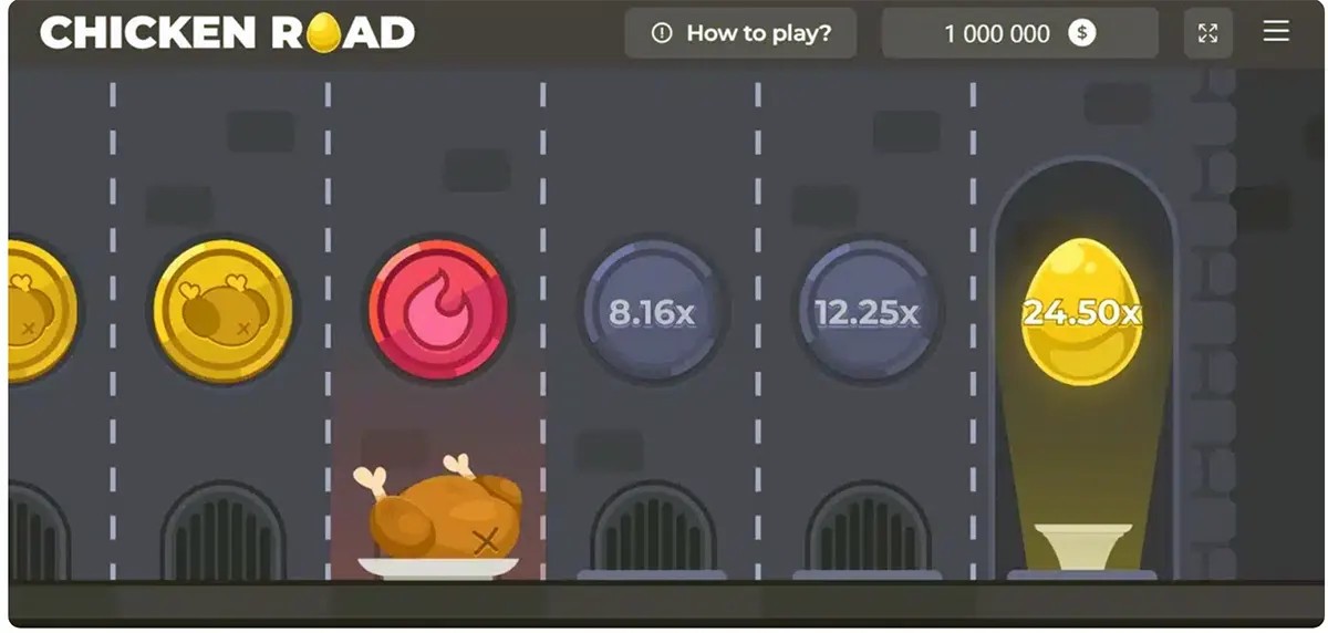 Screenshot of Chicken Road showing late-game lanes with a red fire hazard icon above a cooked chicken, multiplier coins marked 8.16x and 12.25x, and a glowing golden egg on the far right worth 24.50x, with the “How to play?” button and balance bar at the top.
